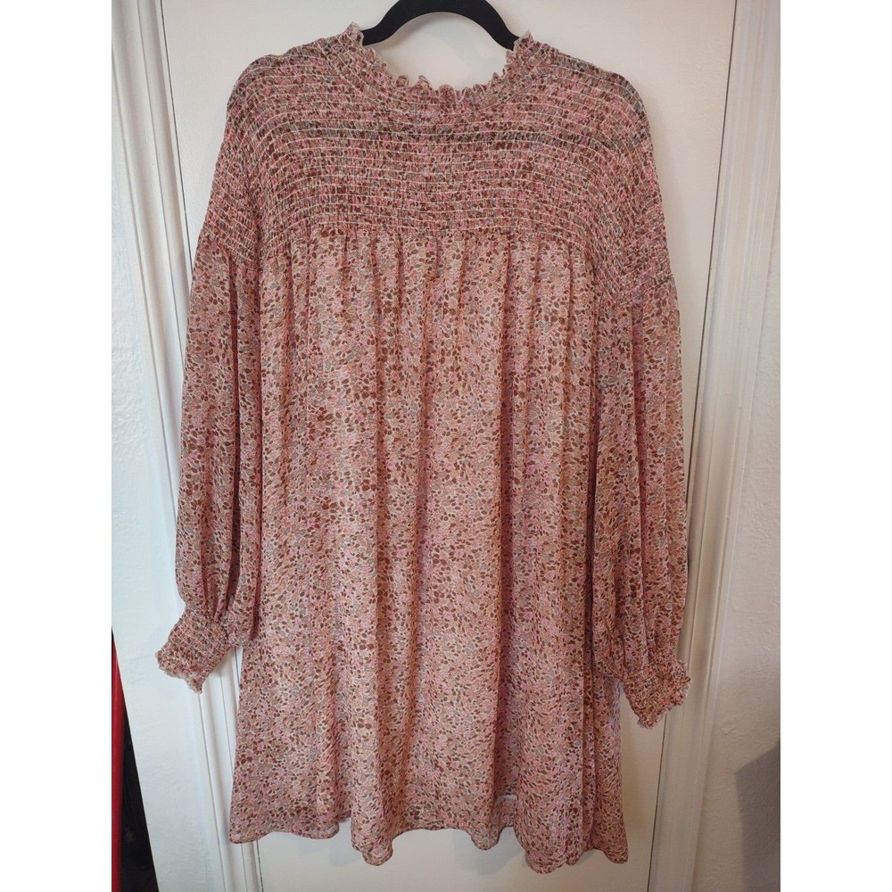 Floral long sleeve smocked knee length peasant dress